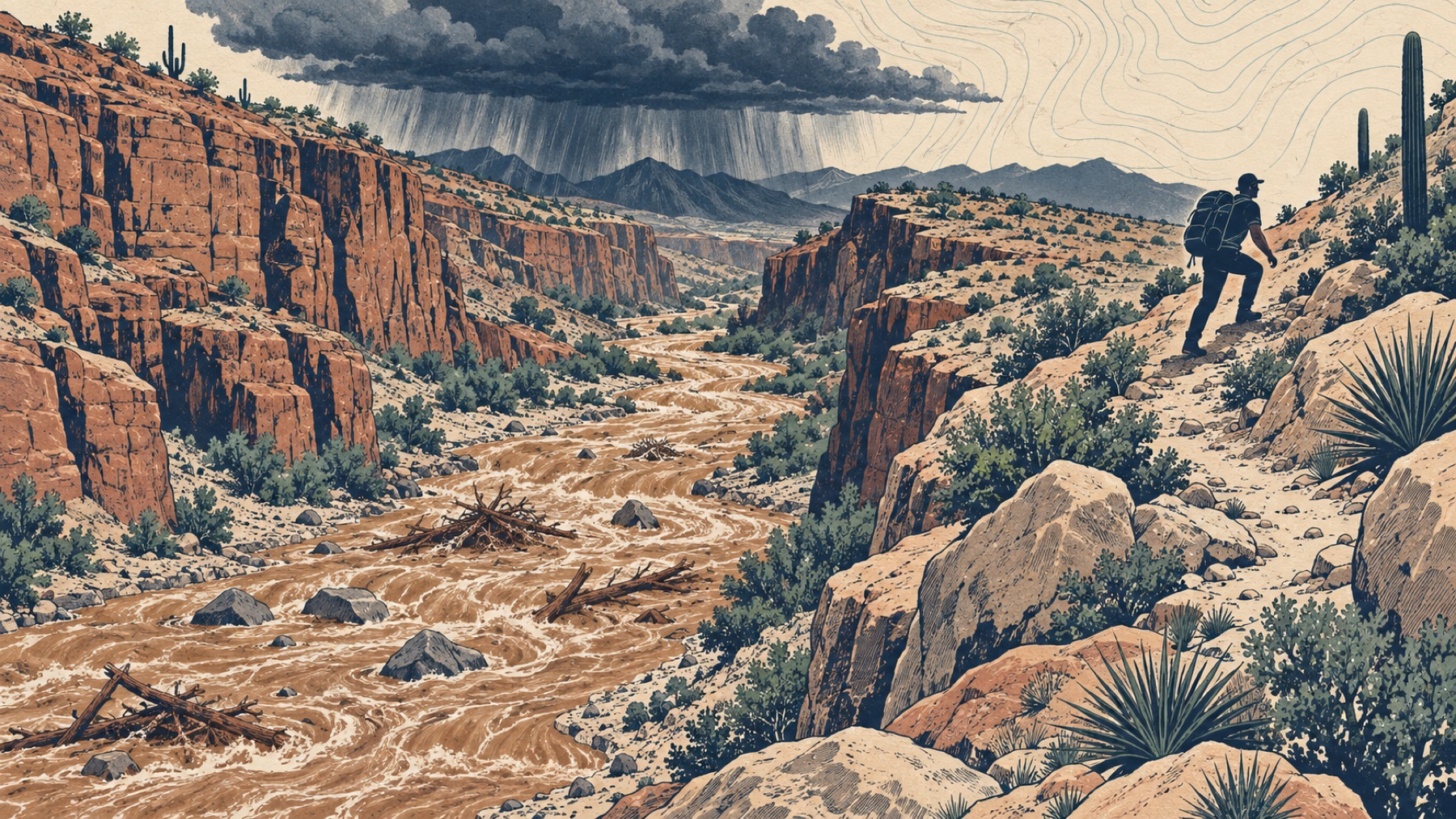 Field-guide illustration of a hiker moving uphill from a debris-filled flash flood in a desert canyon